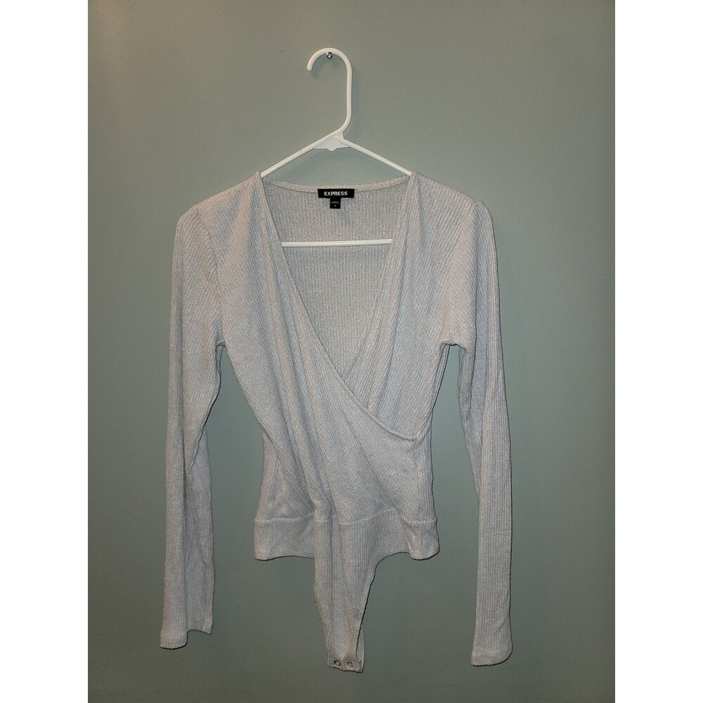 Express Bodysuit Long Sleeve Light Grey Ribbed Criss Cross V Neck Size Small